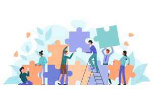 Teamwork, startup character flat vector illustration business concept with giant puzzle. Teamwork partnership metaphor. Team building training, project management, group motivation, brainstorming